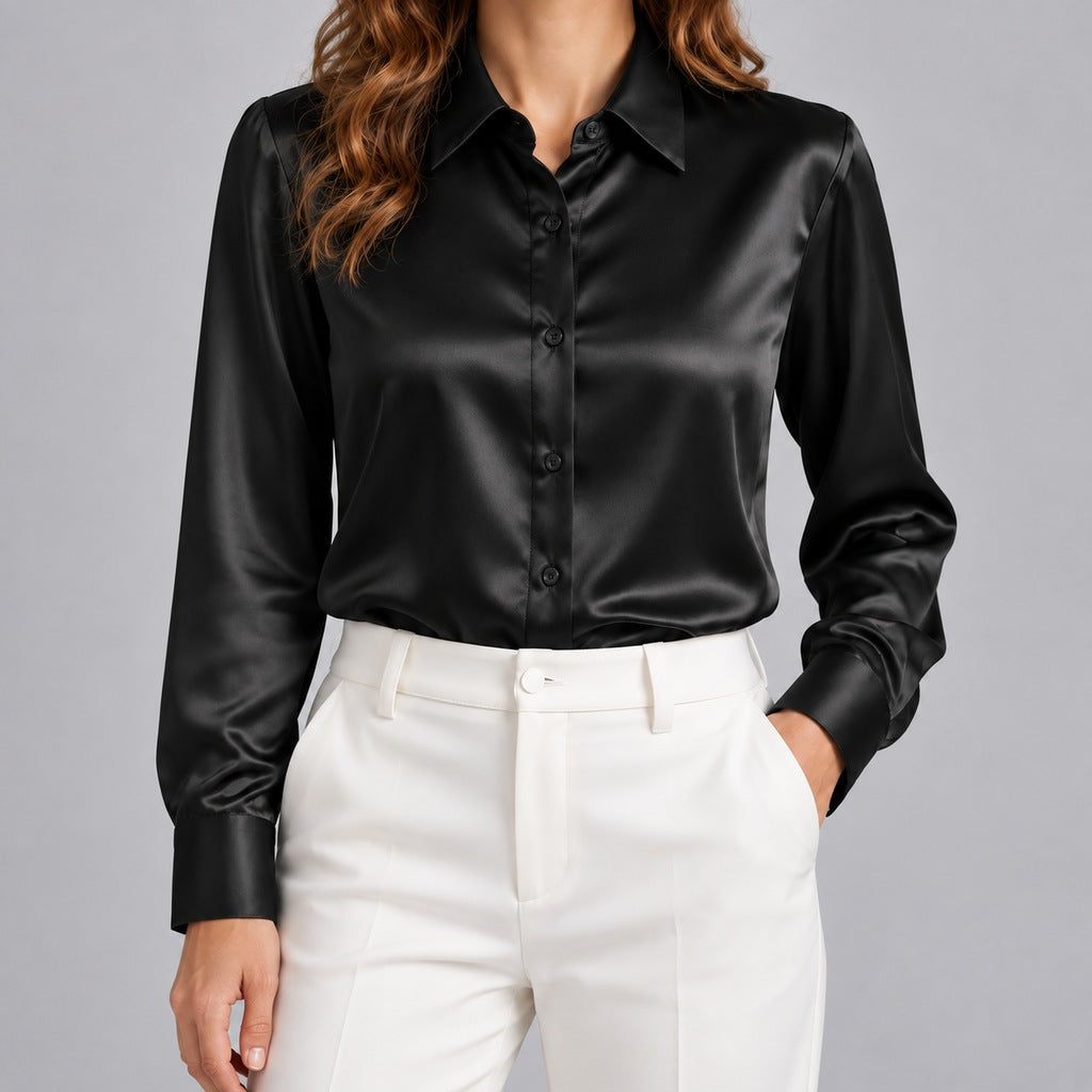 Kacob | Women's Satin Shirt – Long Sleeve Button Front Collared Blouse with High Shine Finish