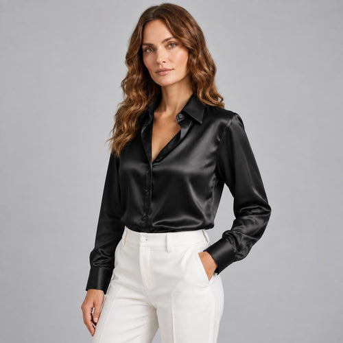 Kacob | Women's Satin Shirt – Long Sleeve Button Front Collared Blouse with High Shine Finish