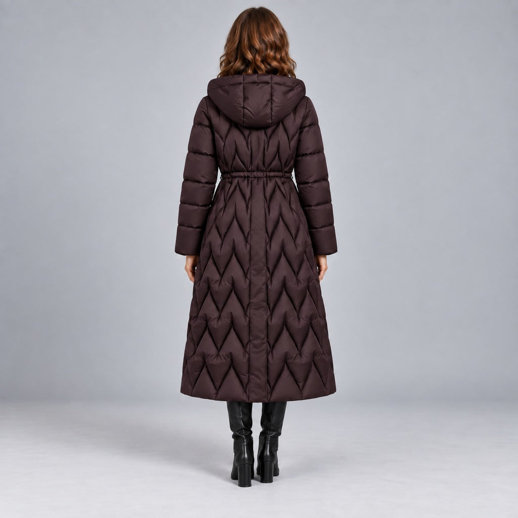 Kacob | Women's Long Quilted Hooded Coat with Cinched Waist – Chevron Padded Maxi Puffer