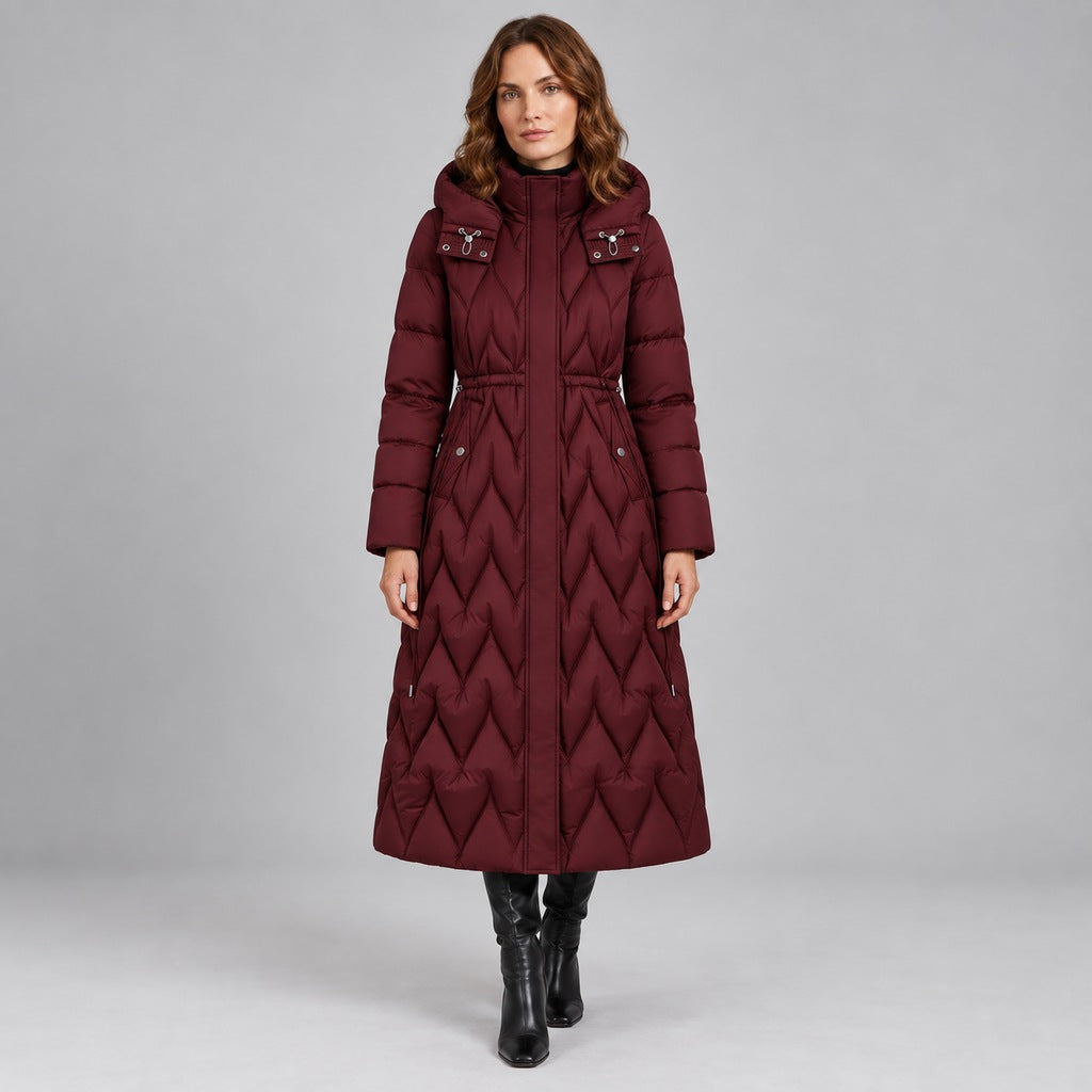 Kacob | Women's Long Quilted Hooded Coat with Cinched Waist – Chevron Padded Maxi Puffer