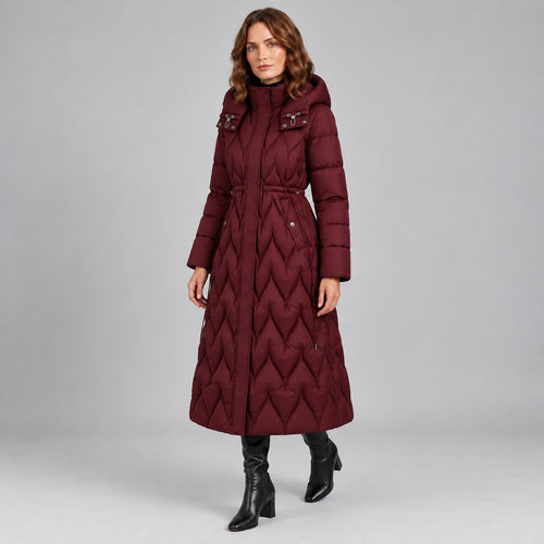 Kacob | Women's Long Quilted Hooded Coat with Cinched Waist – Chevron Padded Maxi Puffer