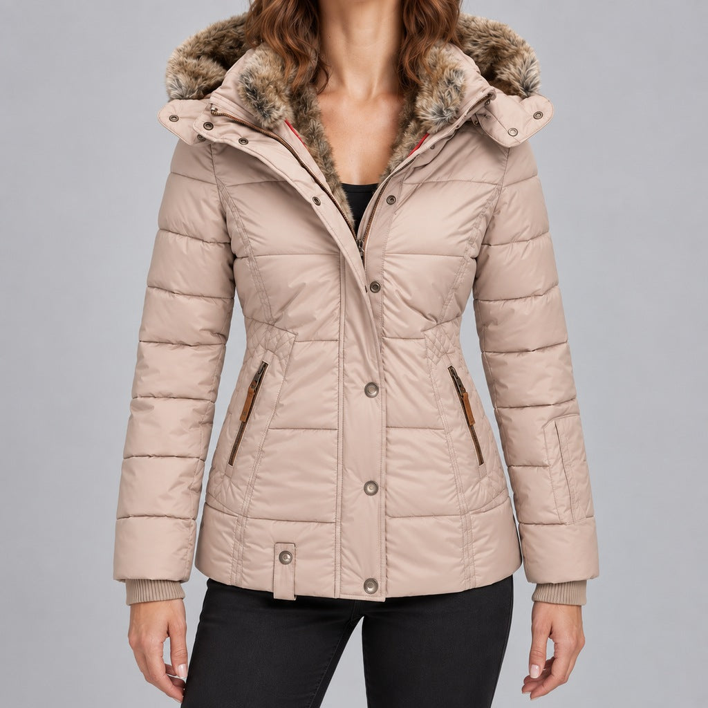 Kacob | Women's Fitted Puffer Winter Jacket with Faux Fur Lined Hood – Quilted Padded Short Coat