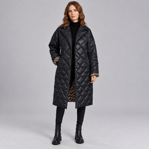 Kacob | Women's Longline Quilted Coat with Leopard Print Lining – Diamond Quilted Collared Padded Coat
