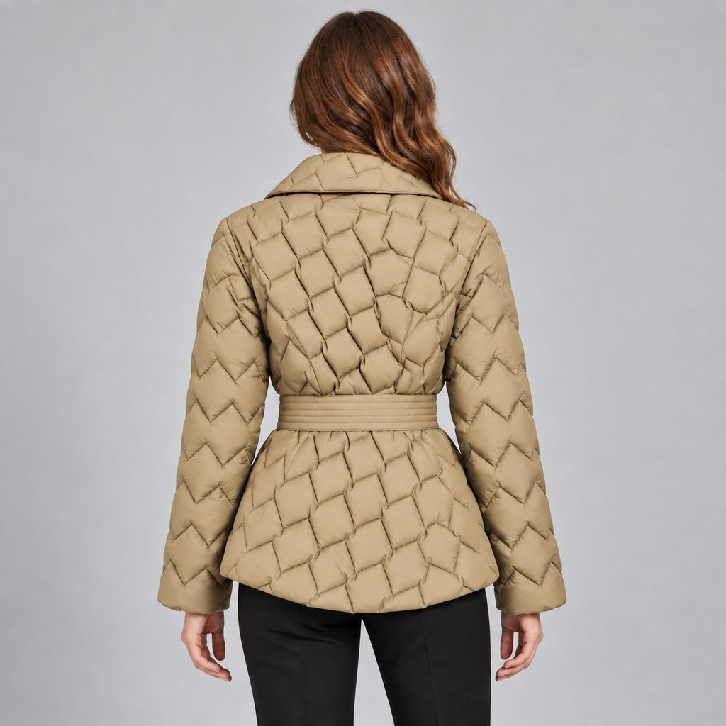 Kacob | Women's Belted Quilted Puffer Jacket with Shawl Collar – Woven Pattern Padded Wrap Jacket