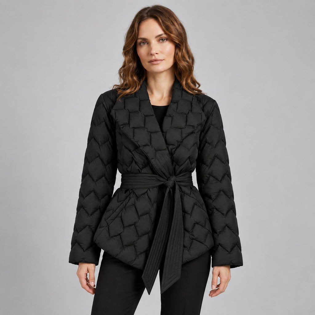 Kacob | Women's Belted Quilted Puffer Jacket with Shawl Collar – Woven Pattern Padded Wrap Jacket
