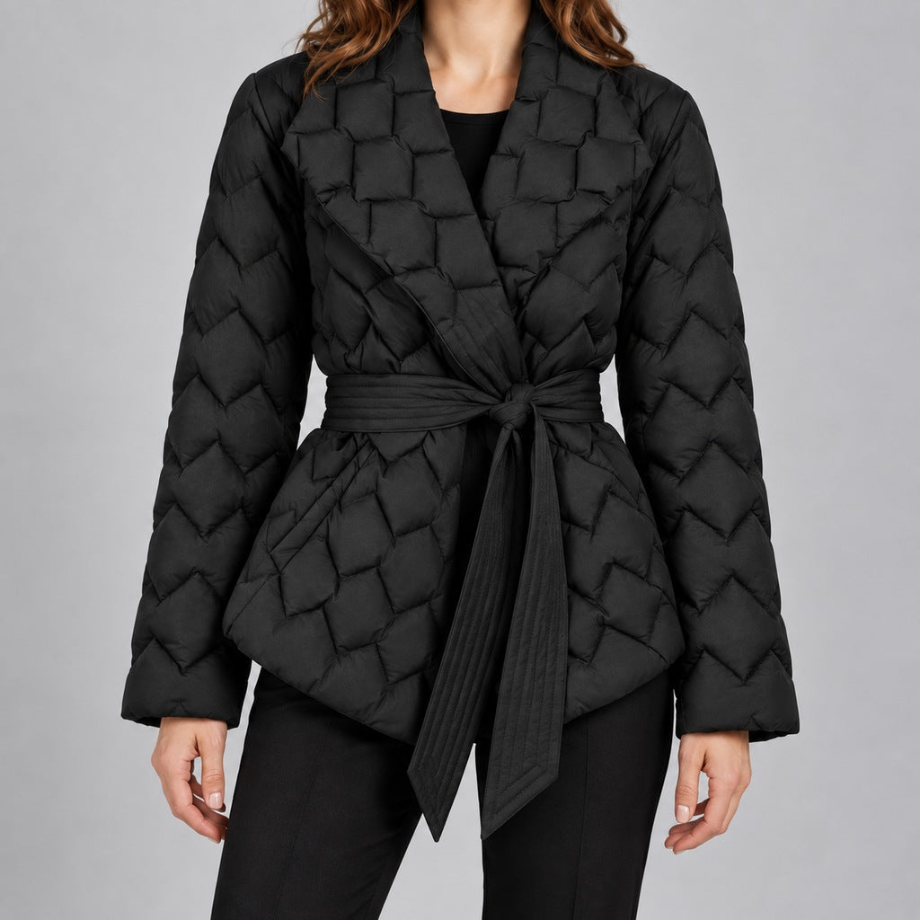 Kacob | Women's Belted Quilted Puffer Jacket with Shawl Collar – Woven Pattern Padded Wrap Jacket