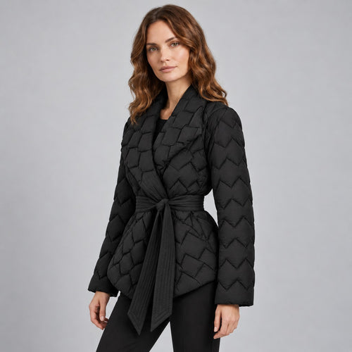 Kacob | Women's Belted Quilted Puffer Jacket with Shawl Collar – Woven Pattern Padded Wrap Jacket