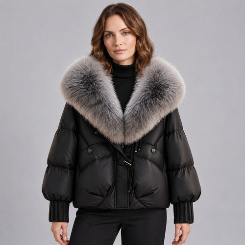 Kacob | Women's Glossy Puffer Jacket with Oversized Faux Fur Collar – Toggle Front Short Padded Coat