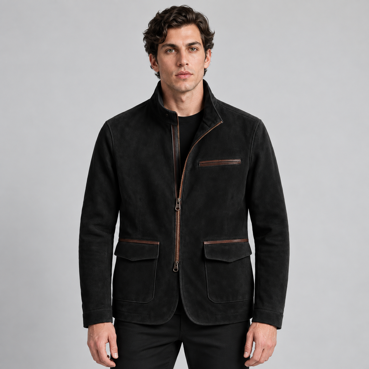 Kacob | Men's Suede-Look Zip Up Jacket – Stand Collar Everyday Jacket with Pockets
