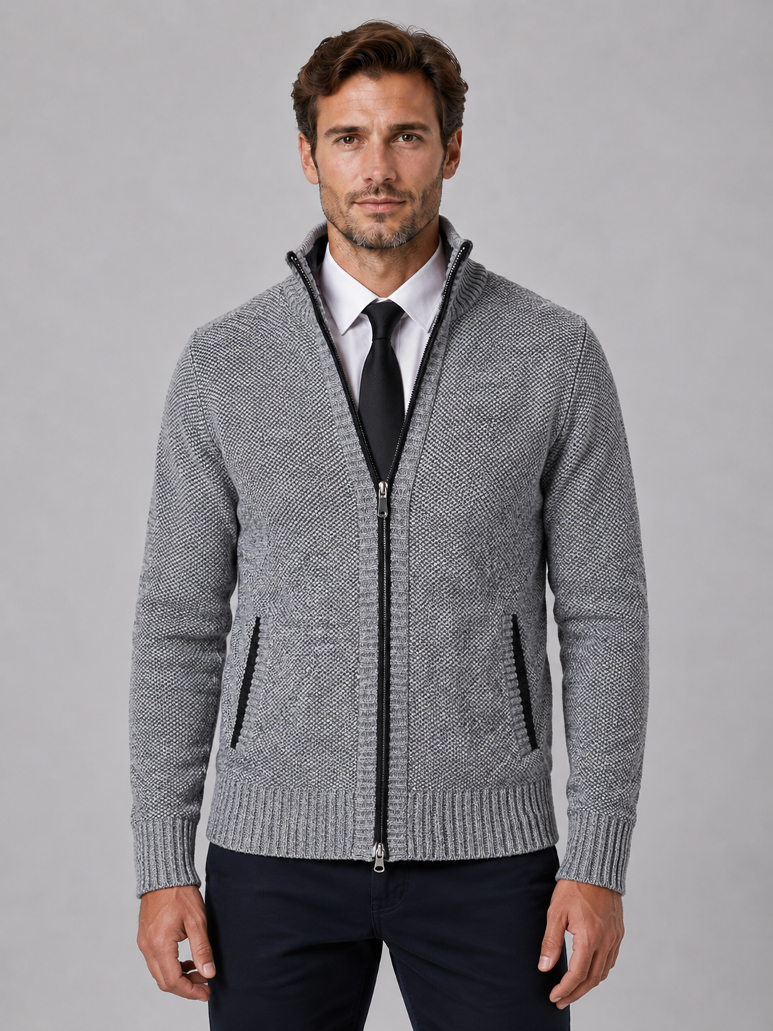 Kacob | Full Zip Knit Cardigan – Funnel Neck Textured Jumper