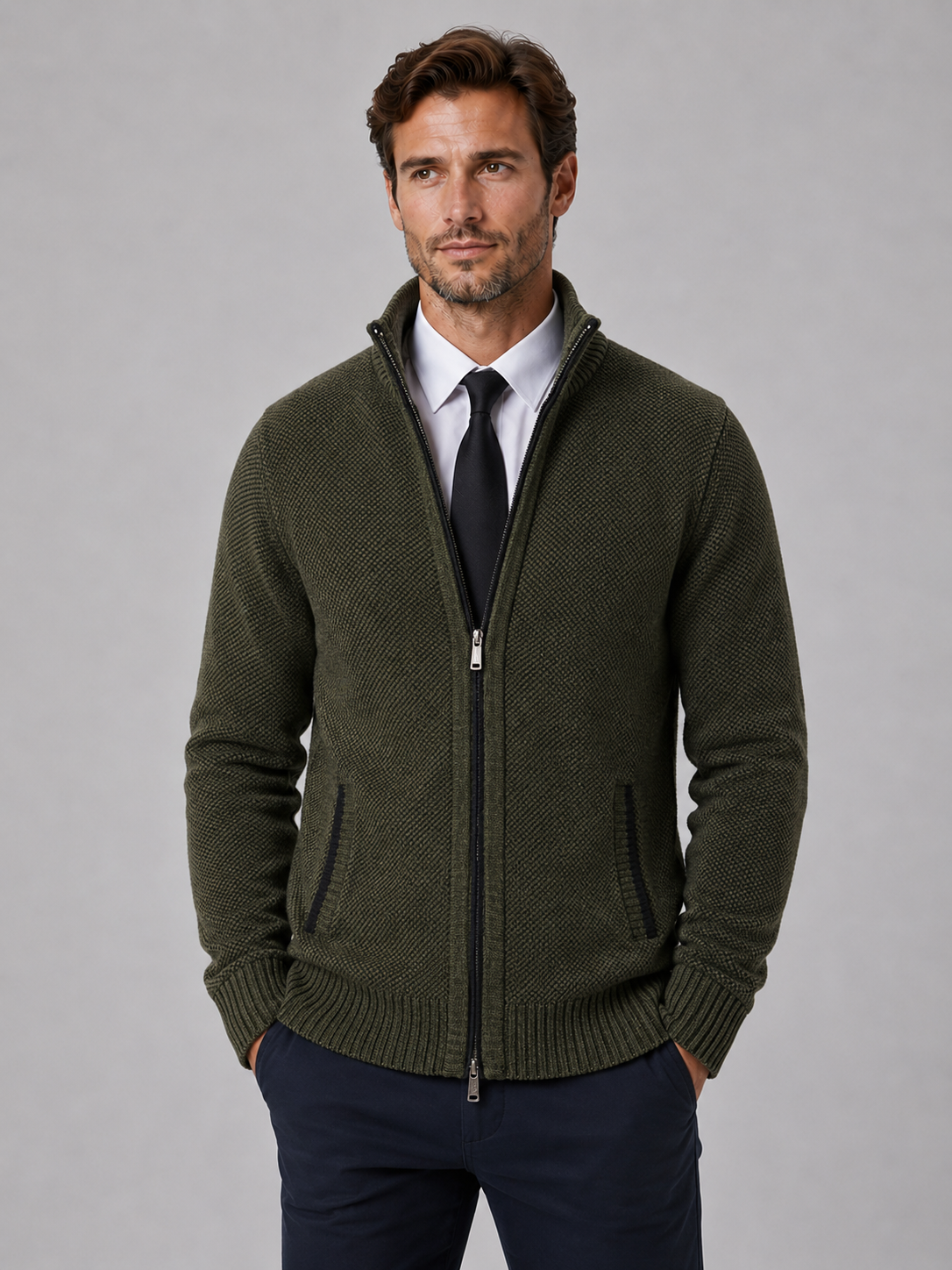 Kacob | Full Zip Knit Cardigan – Funnel Neck Textured Jumper