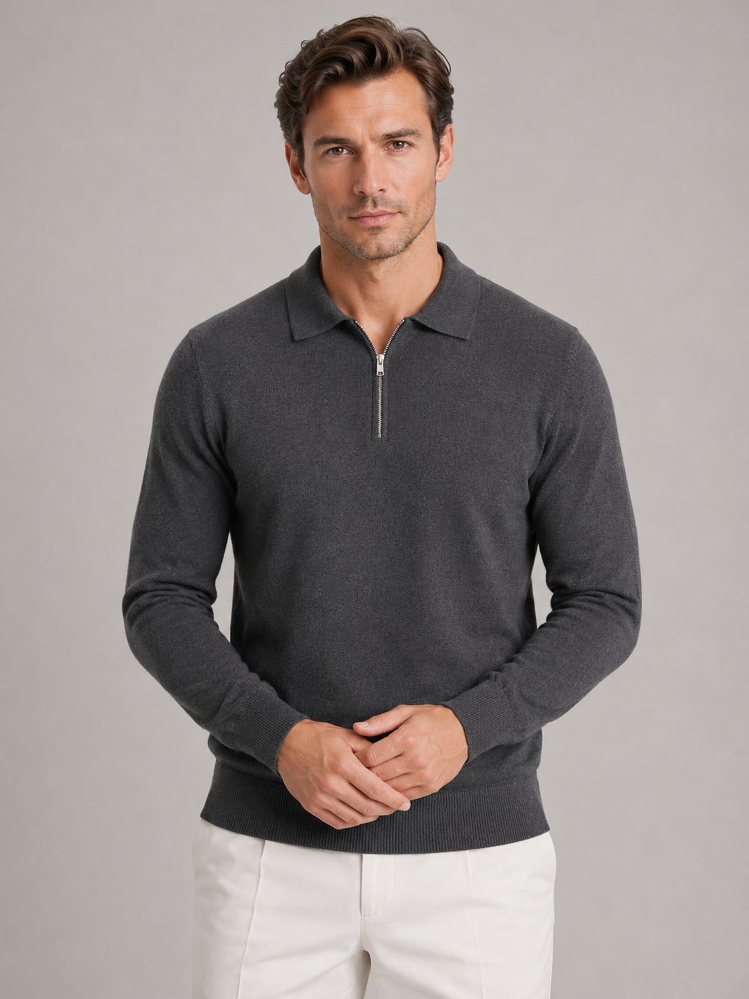 Kacob | Quarter Zip Polo Jumper – Fine Knit Long Sleeve Sweater