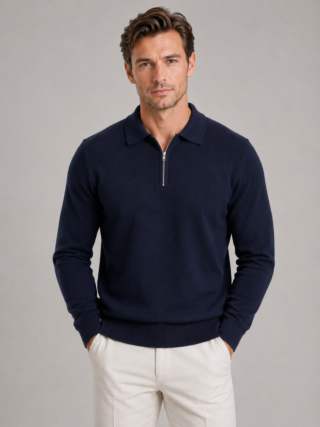 Kacob | Quarter Zip Polo Jumper – Fine Knit Long Sleeve Sweater