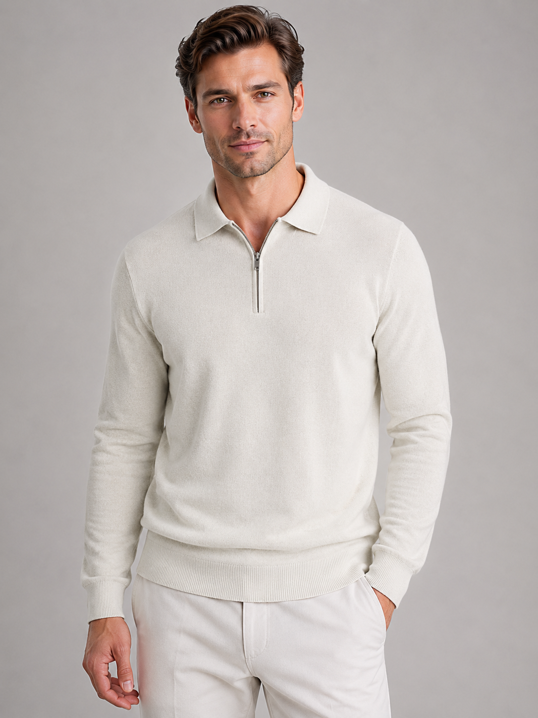 Kacob | Quarter Zip Polo Jumper – Fine Knit Long Sleeve Sweater