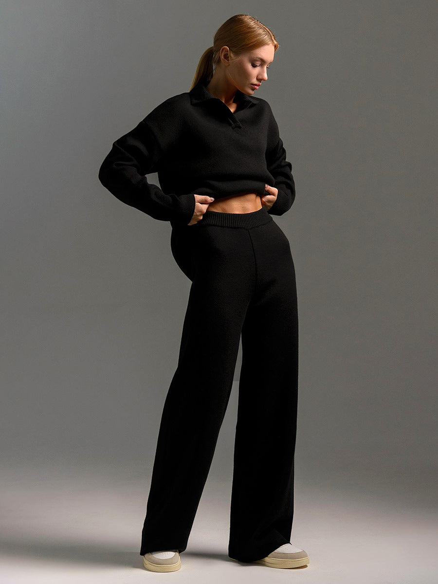 Kacob | Women's Knitted Lounge Set – Oversized Polo Jumper and Wide Leg Trousers