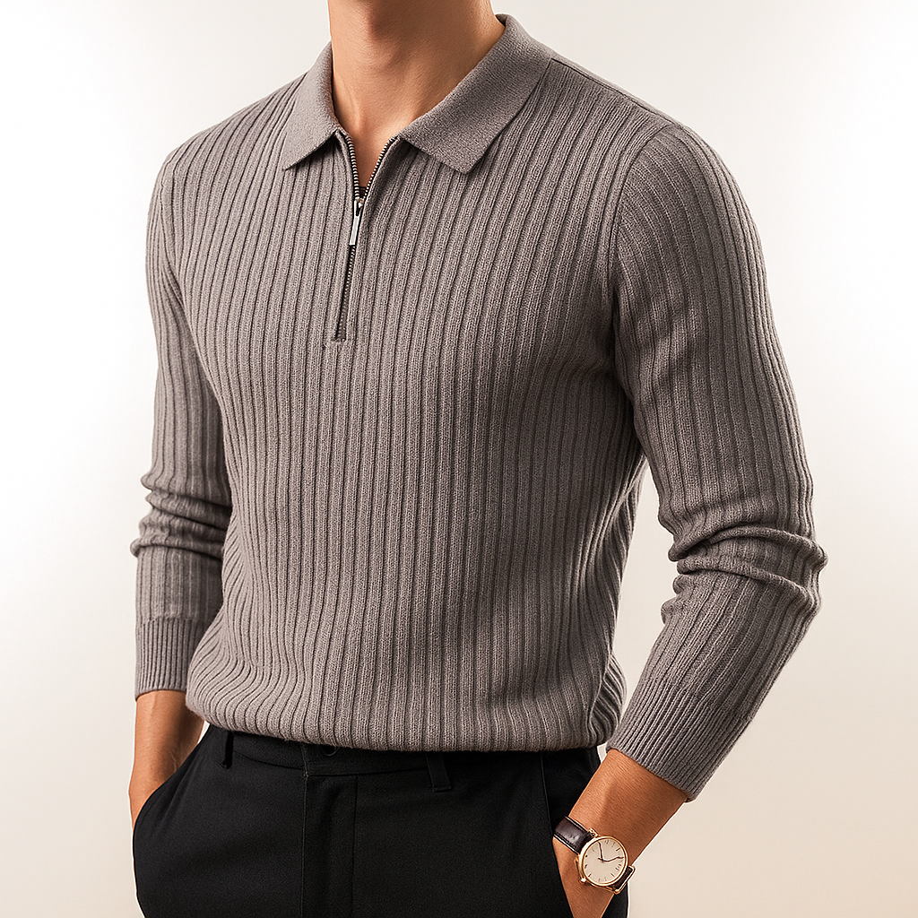 Kacob | Ribbed Knit Half Zip Polo Sweater – Quarter Zip Jumper