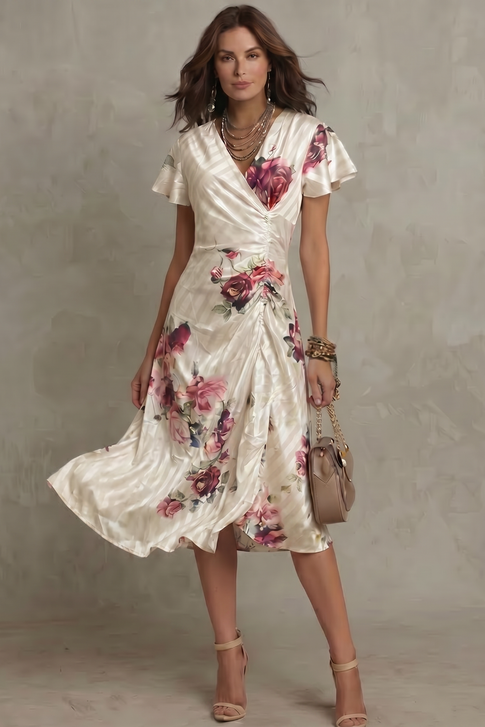 Kacob | Floral Satin Wrap Midi Dress
