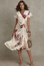 Kacob | Floral Satin Wrap Midi Dress