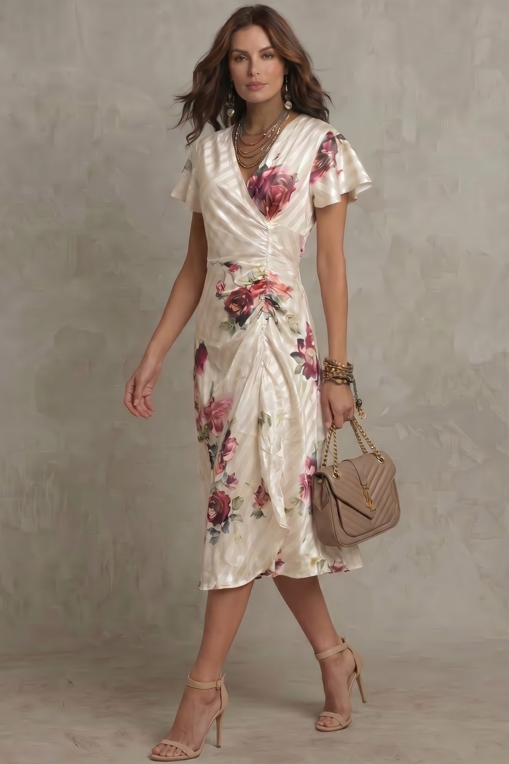 Kacob | Floral Satin Wrap Midi Dress