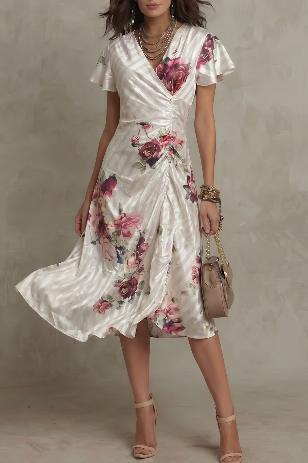 Kacob | Floral Satin Wrap Midi Dress