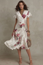 Kacob | Floral Satin Wrap Midi Dress