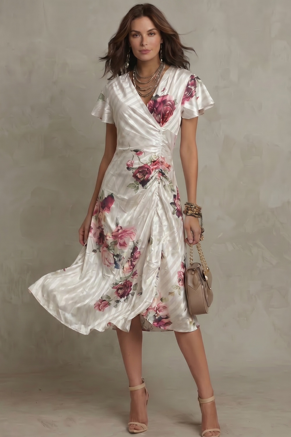 Kacob | Floral Satin Wrap Midi Dress