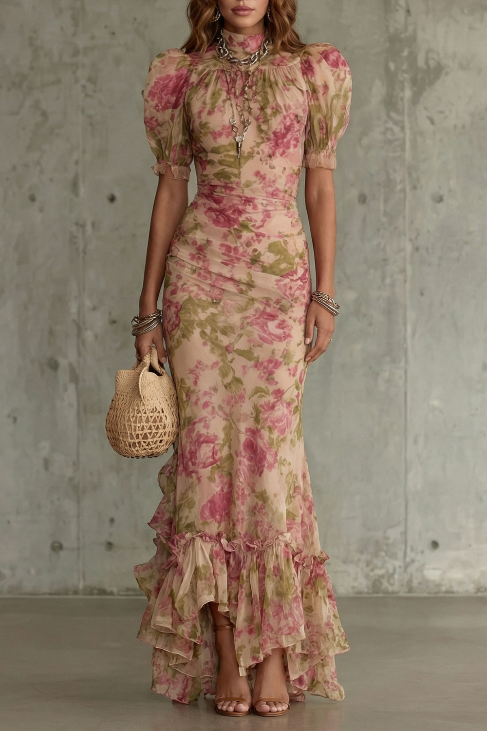 Kacob | Vintage Floral Puff Sleeve Maxi Dress