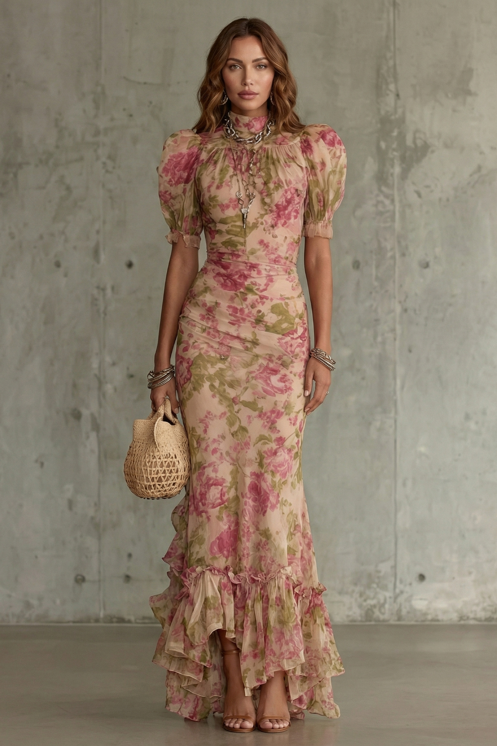 Kacob | Vintage Floral Puff Sleeve Maxi Dress