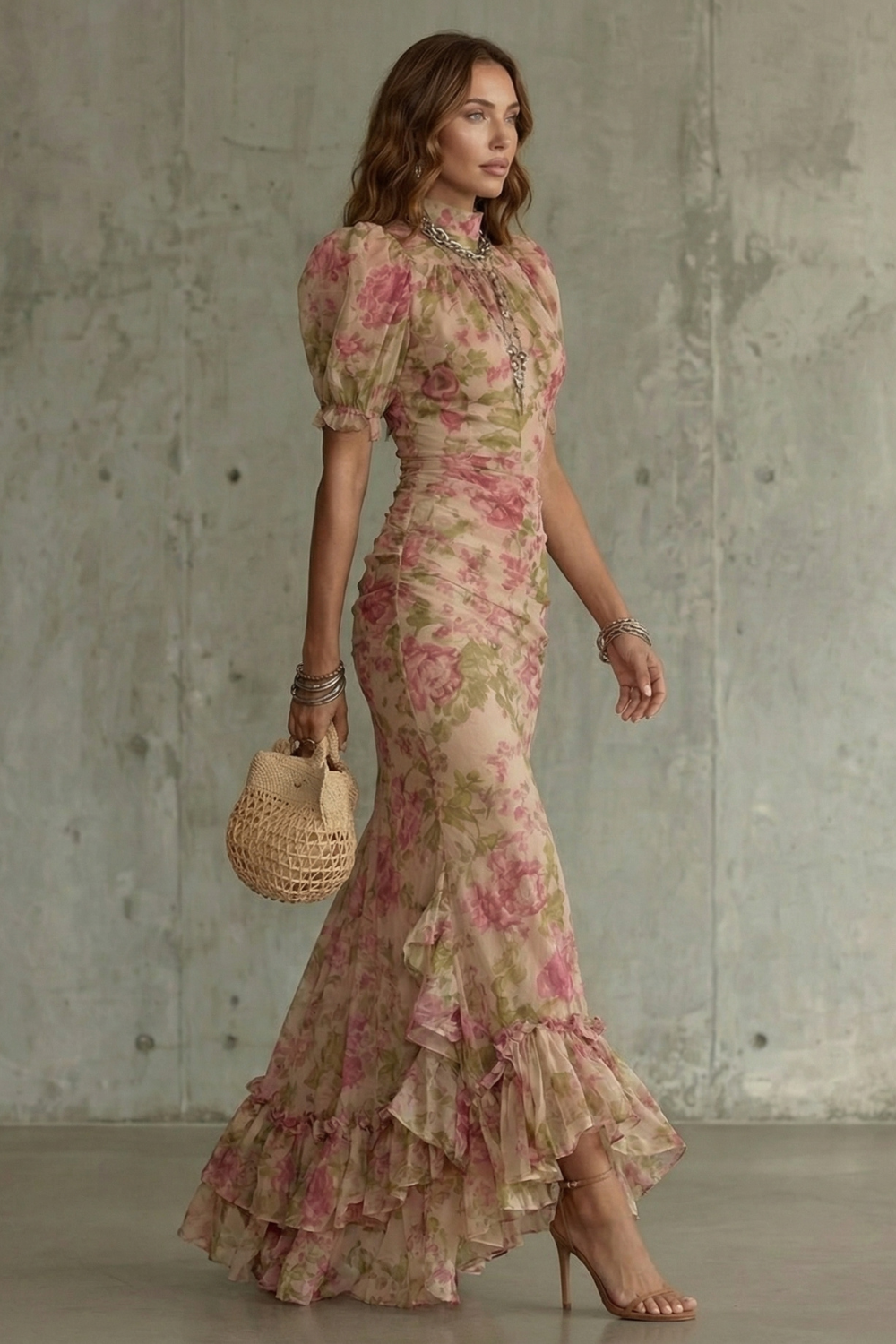 Kacob | Vintage Floral Puff Sleeve Maxi Dress