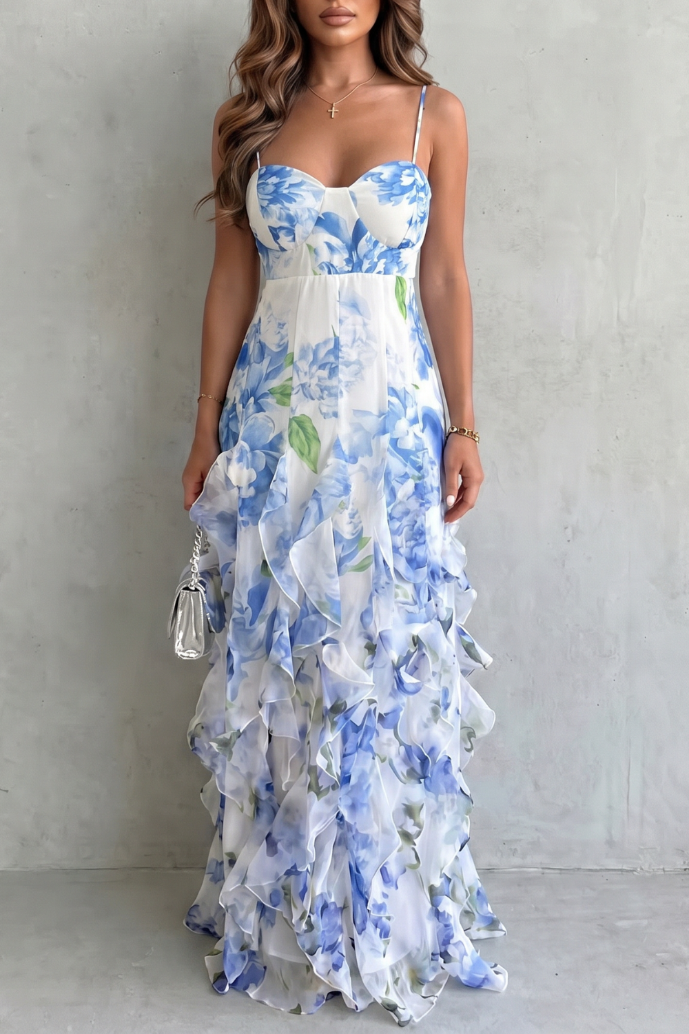 Kacob | Floral Chiffon Ruffle Maxi Dress