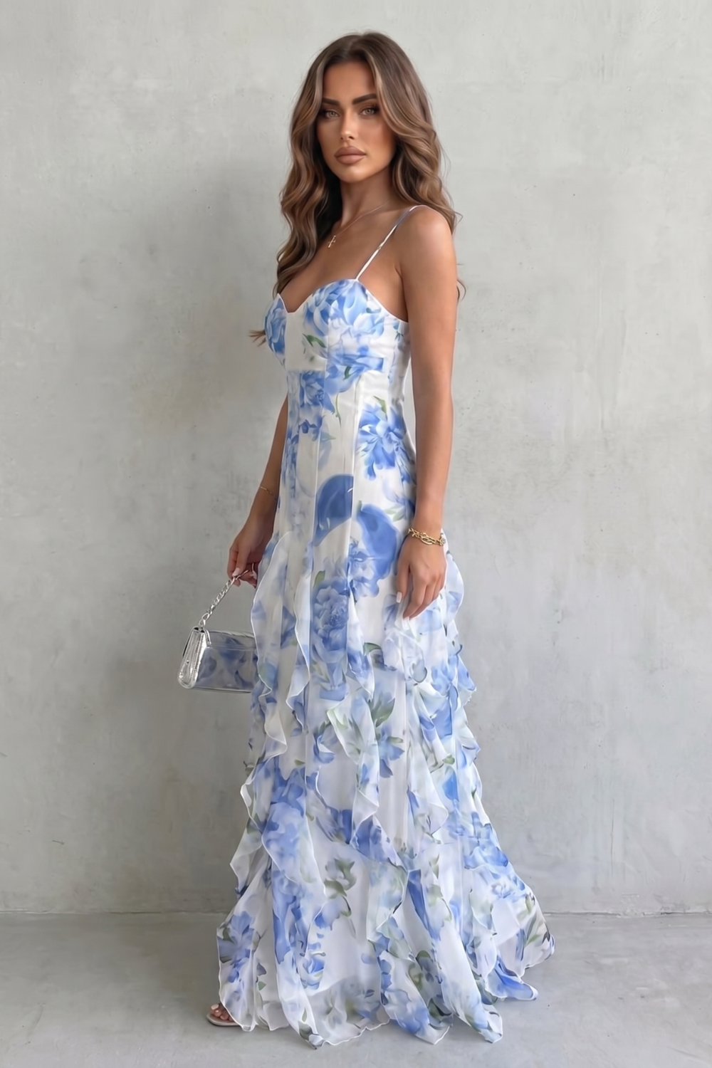 Kacob | Floral Chiffon Ruffle Maxi Dress