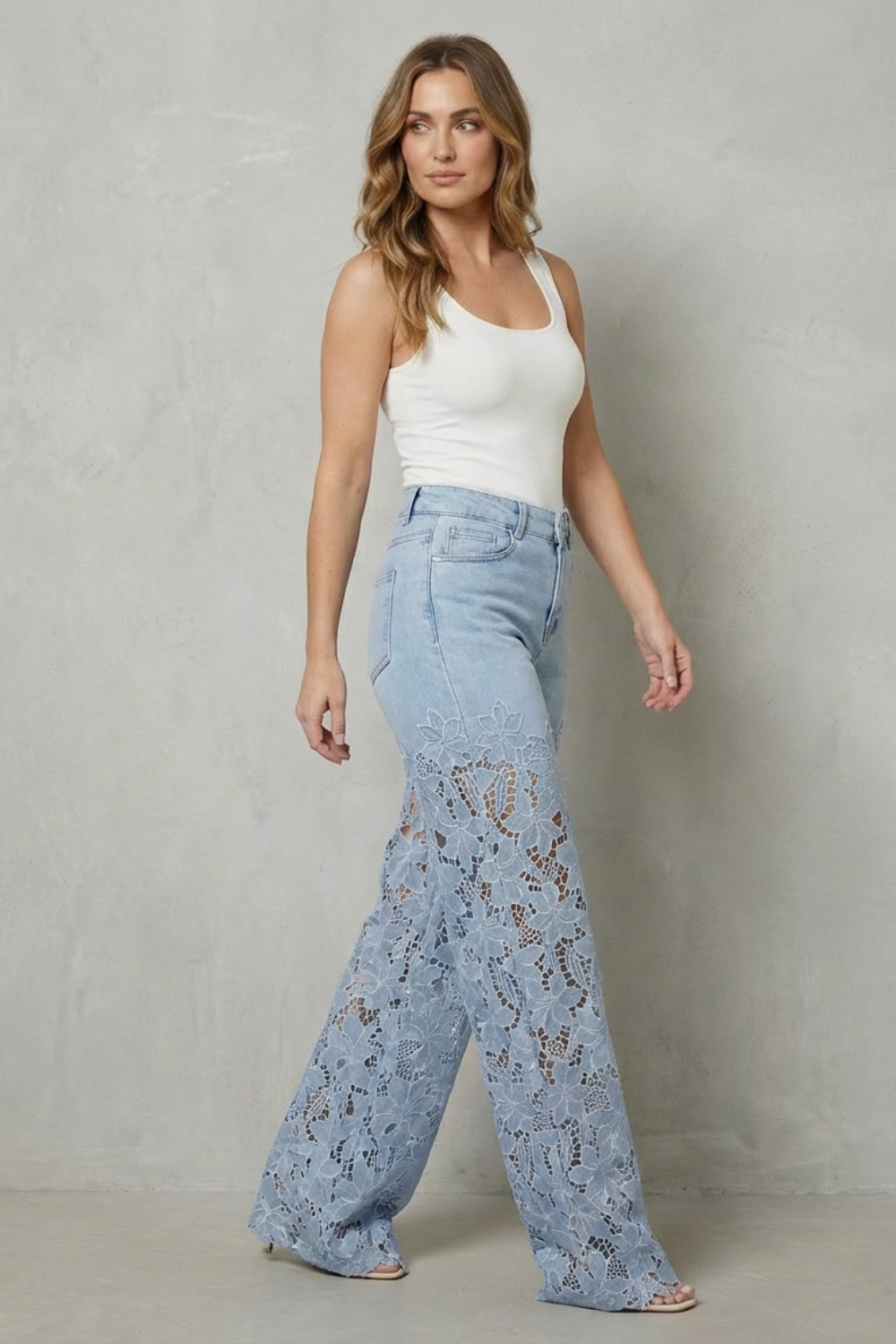 Kacob | Lace Panel Wide Leg Denim Jeans