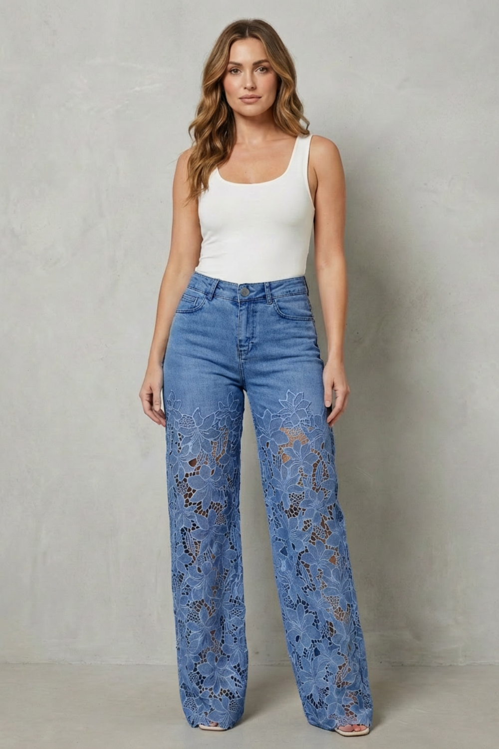 Kacob | Lace Panel Wide Leg Denim Jeans