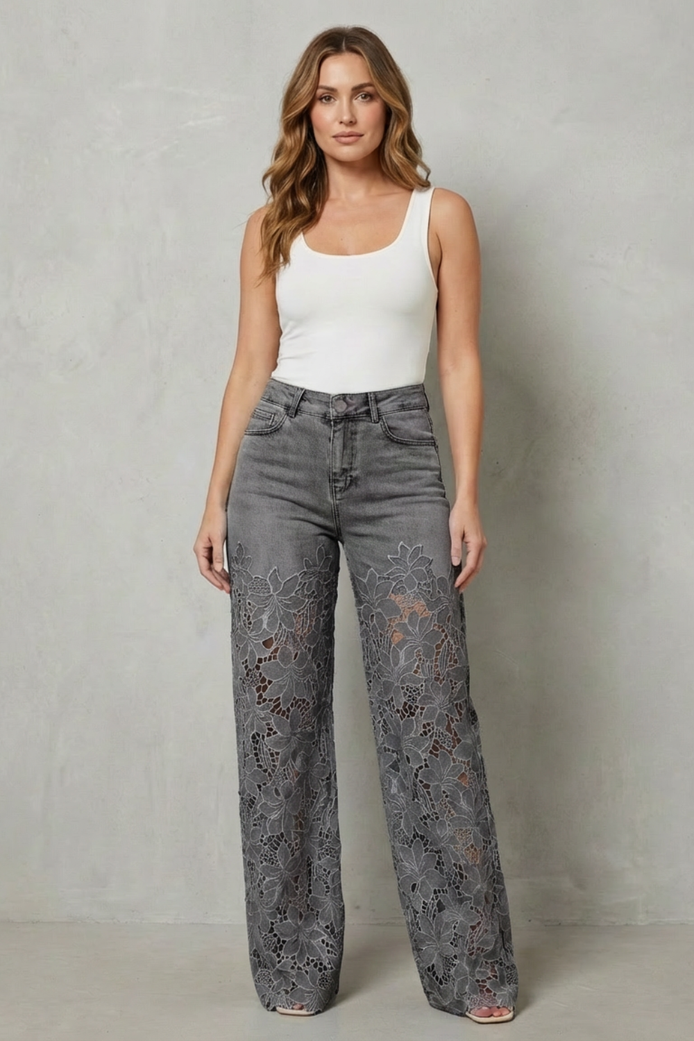 Kacob | Lace Panel Wide Leg Denim Jeans