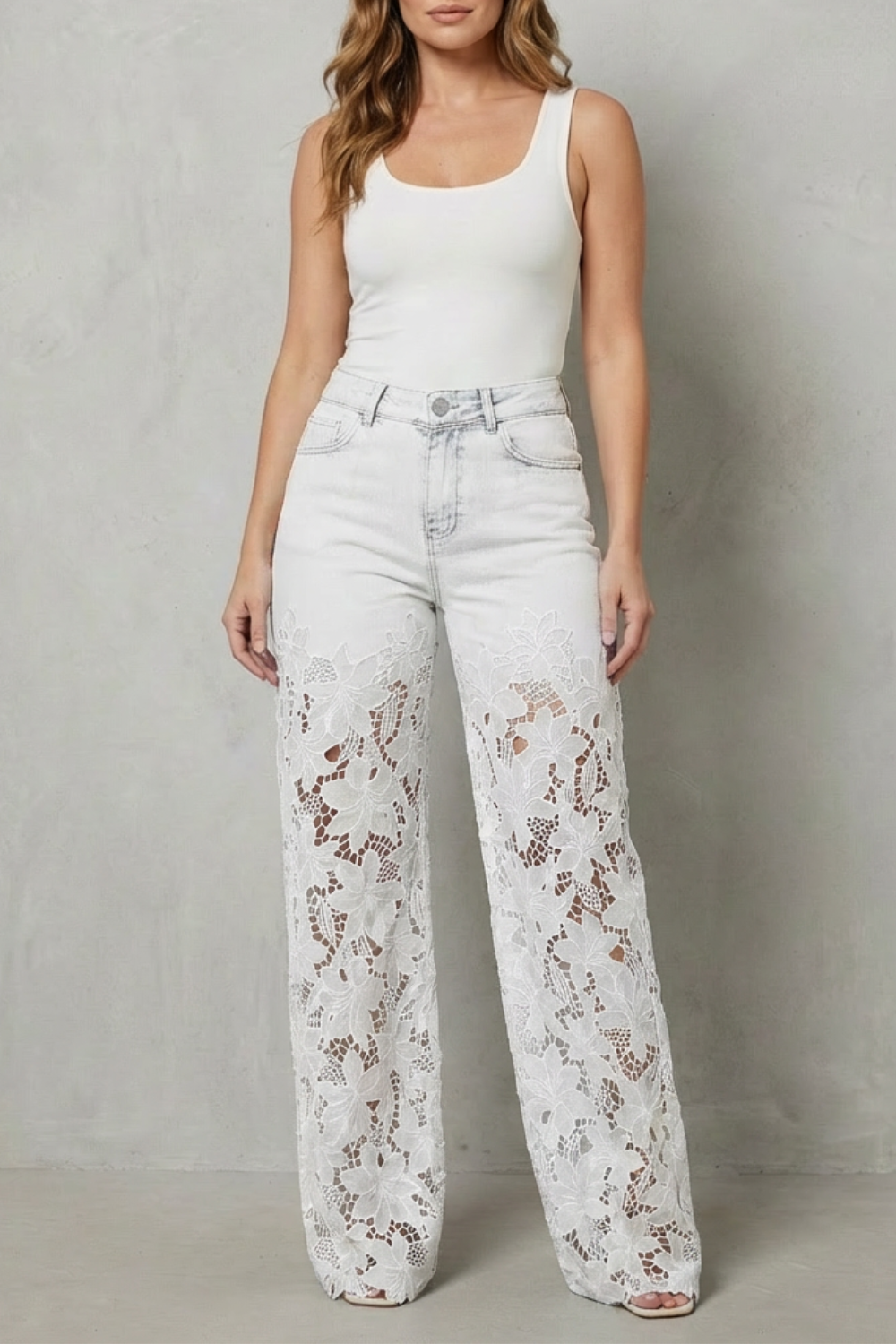 Kacob | Lace Panel Wide Leg Denim Jeans