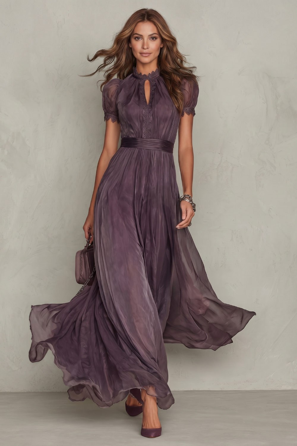 Kacob | Women's Chiffon Maxi Dress – Lace Keyhole Neck Evening Wedding Guest Dress