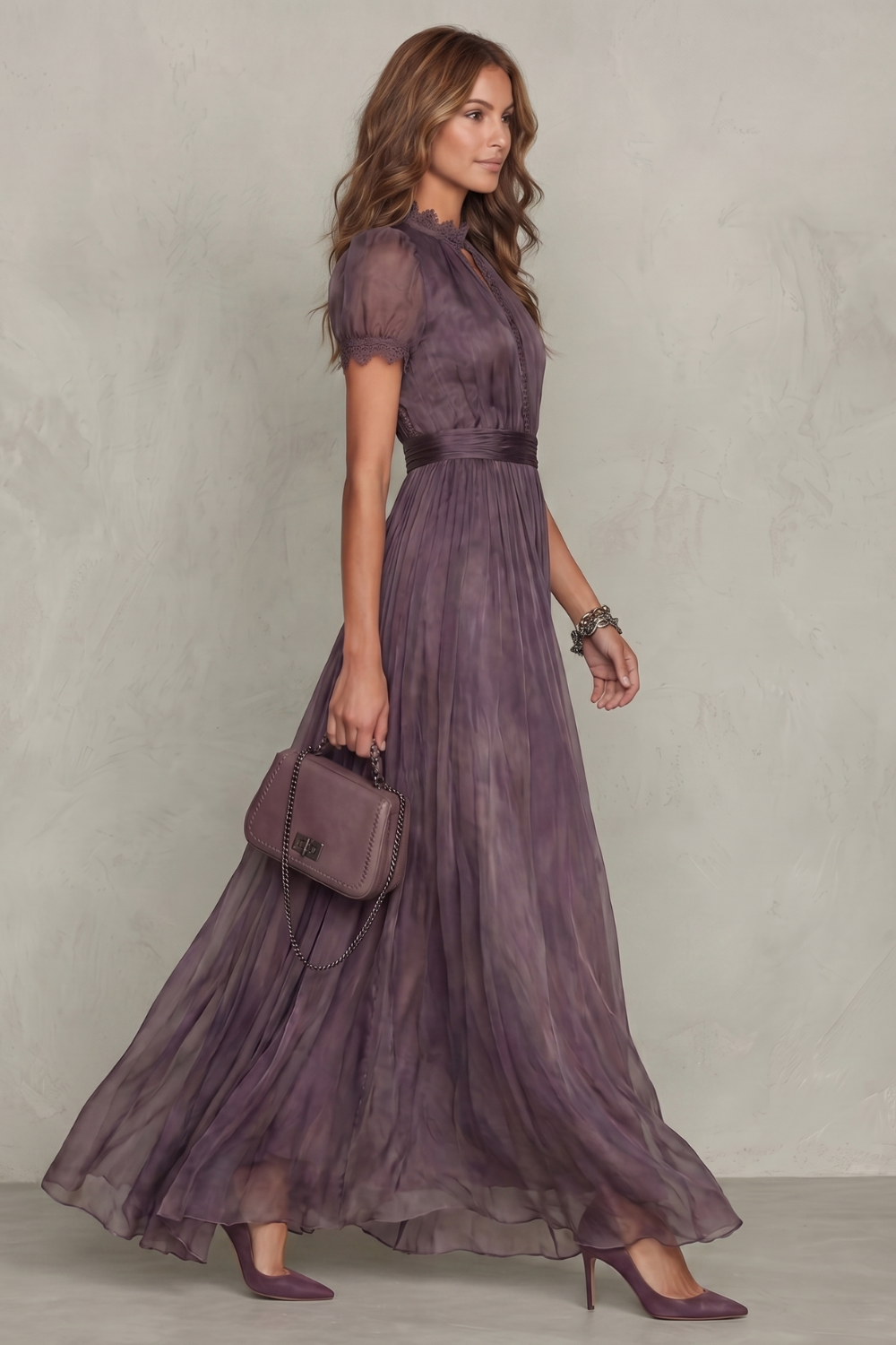 Kacob | Women's Chiffon Maxi Dress – Lace Keyhole Neck Evening Wedding Guest Dress