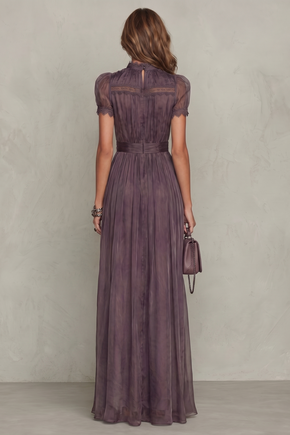 Kacob | Women's Chiffon Maxi Dress – Lace Keyhole Neck Evening Wedding Guest Dress