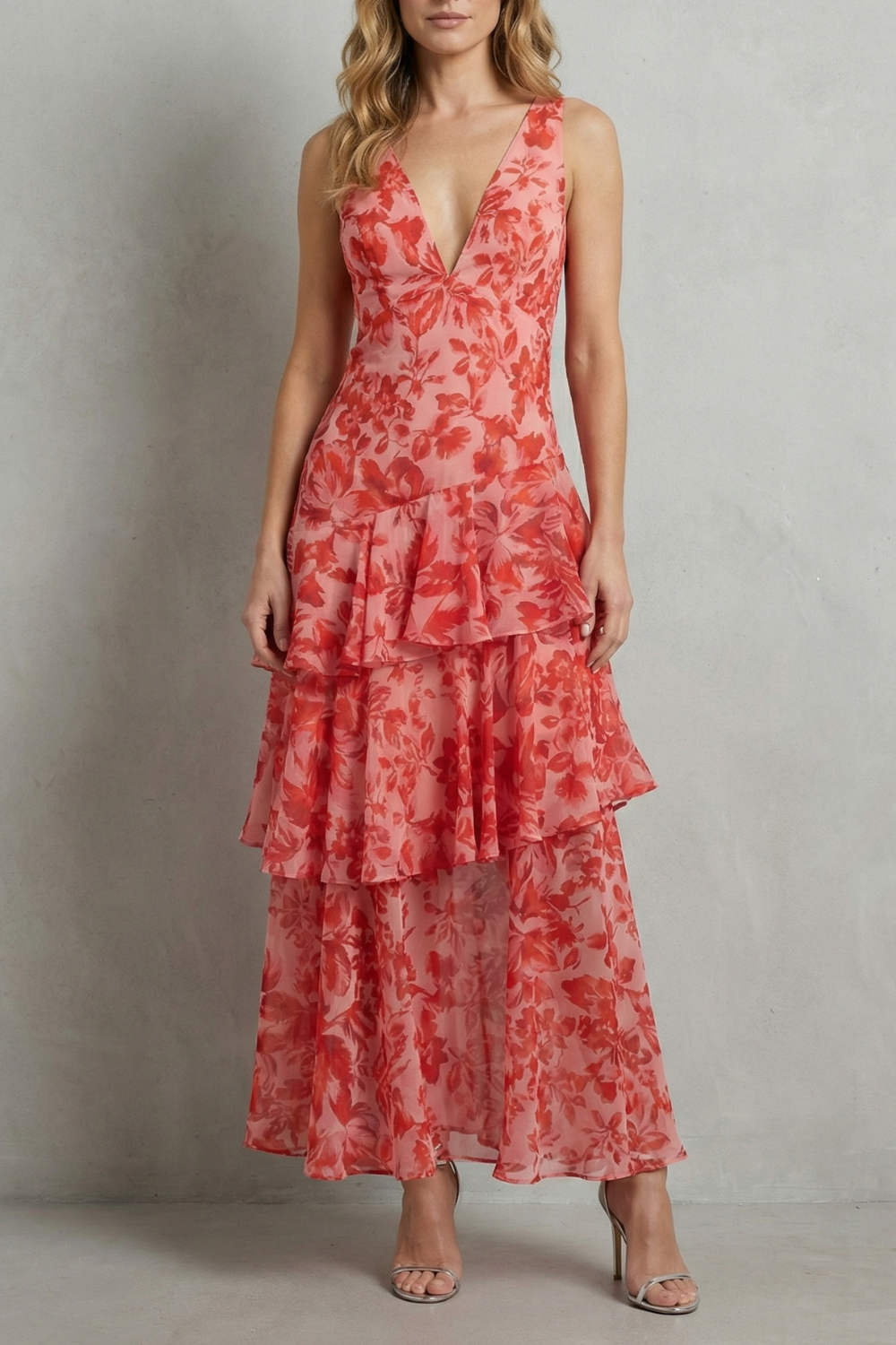 Kacob | Tiered Ruffle Floral Chiffon Maxi Dress