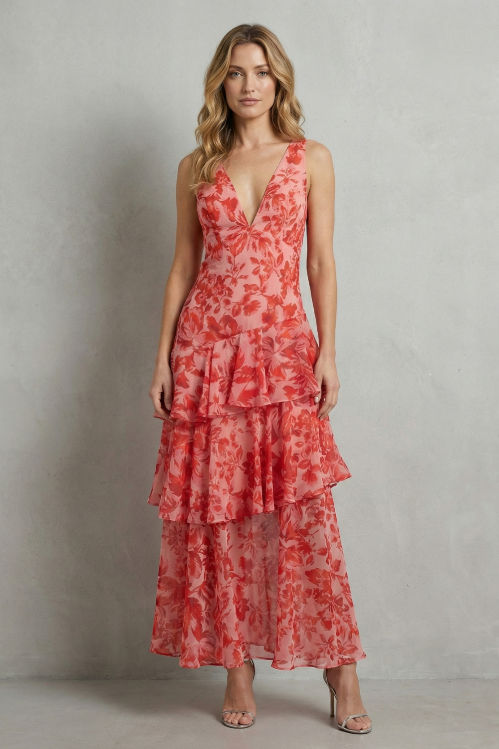 Kacob | Tiered Ruffle Floral Chiffon Maxi Dress