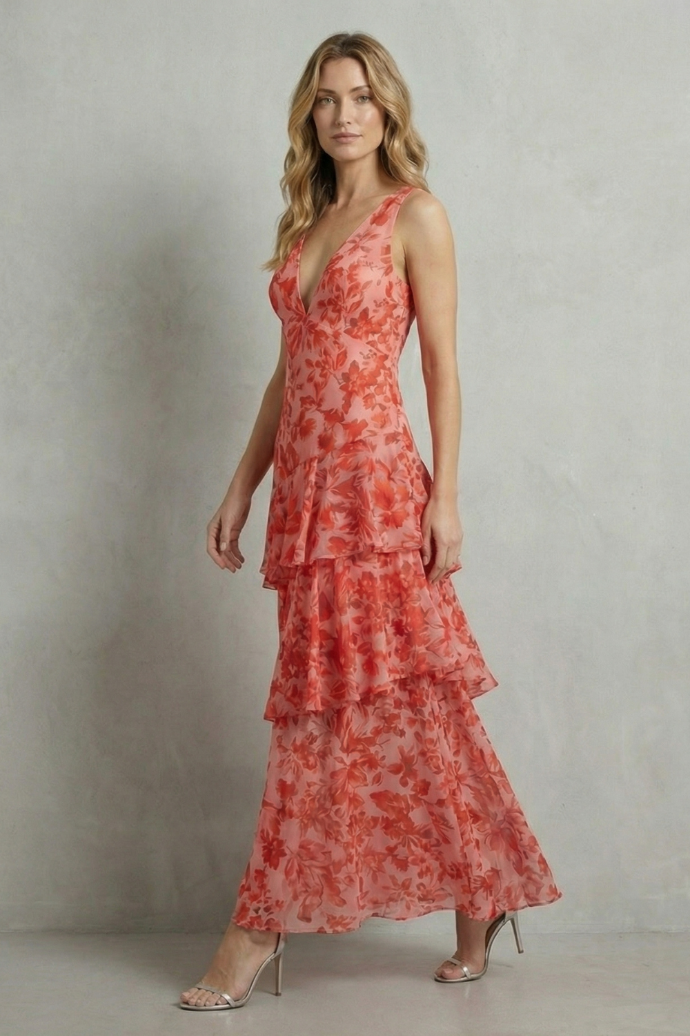 Kacob | Tiered Ruffle Floral Chiffon Maxi Dress