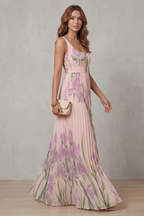 Kacob | Women's Floral Pleated Maxi Dress – Square Neck Wedding Guest Dress