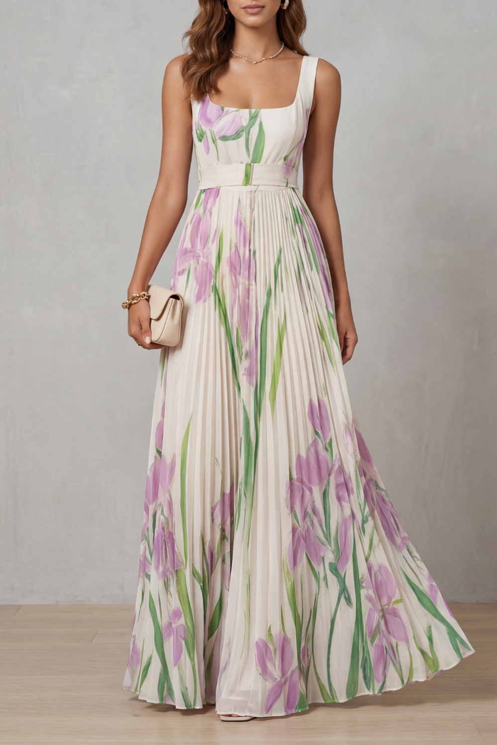 Kacob | Women's Floral Pleated Maxi Dress – Square Neck Wedding Guest Dress