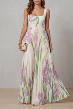 Kacob | Women's Floral Pleated Maxi Dress – Square Neck Wedding Guest Dress