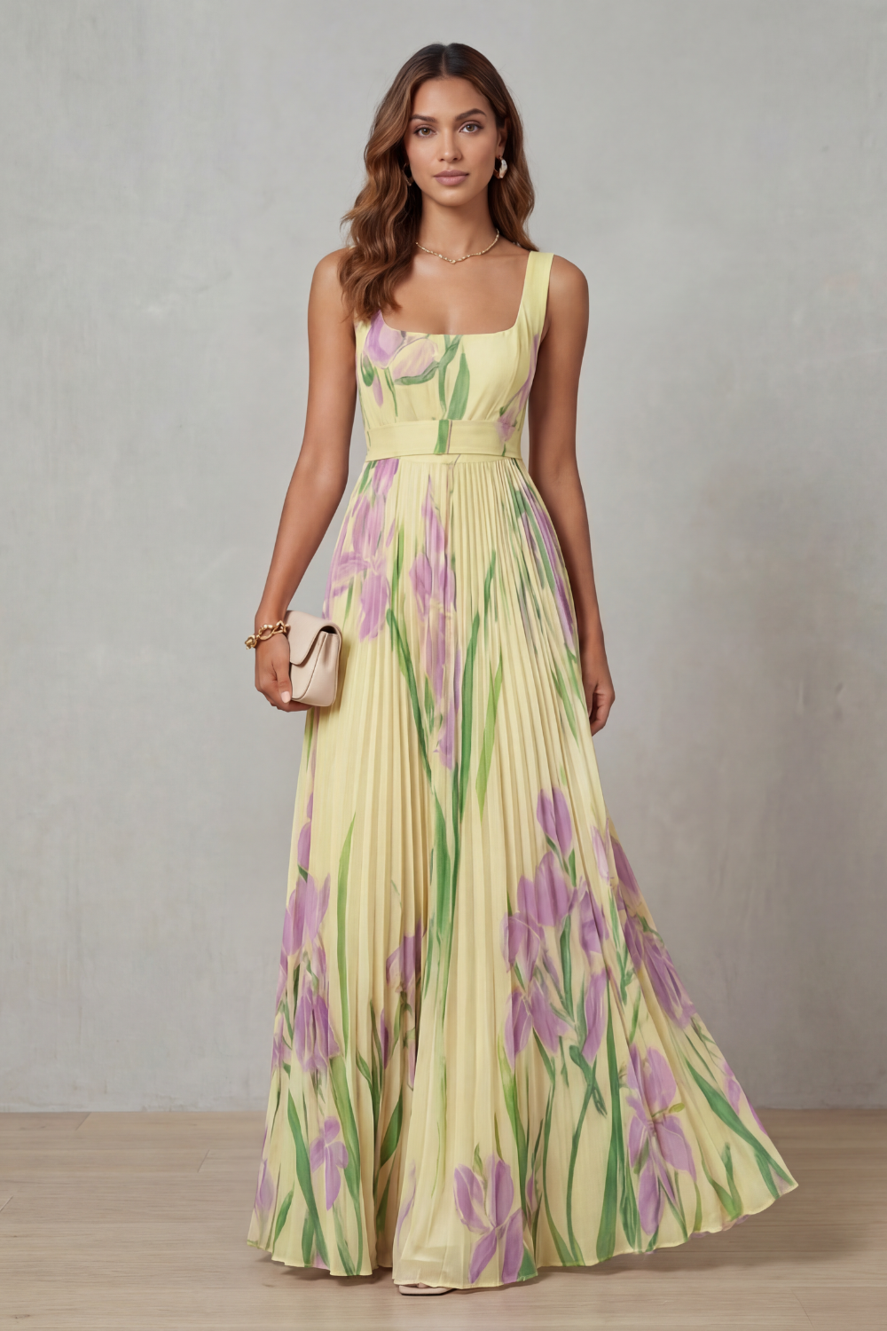 Kacob | Women's Floral Pleated Maxi Dress – Square Neck Wedding Guest Dress