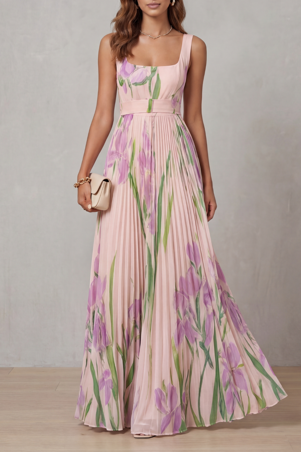 Kacob | Women's Floral Pleated Maxi Dress – Square Neck Wedding Guest Dress