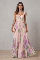 Kacob | Women's Floral Pleated Maxi Dress – Square Neck Wedding Guest Dress