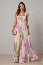 Kacob | Women's Floral Pleated Maxi Dress – Square Neck Wedding Guest Dress