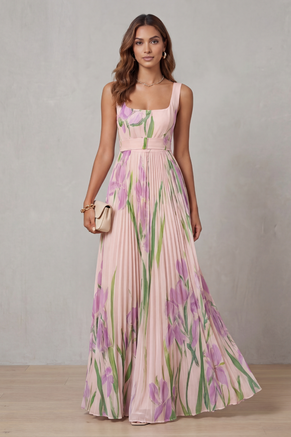 Kacob | Women's Floral Pleated Maxi Dress – Square Neck Wedding Guest Dress