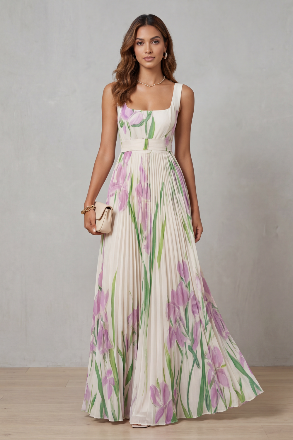 Kacob | Women's Floral Pleated Maxi Dress – Square Neck Wedding Guest Dress